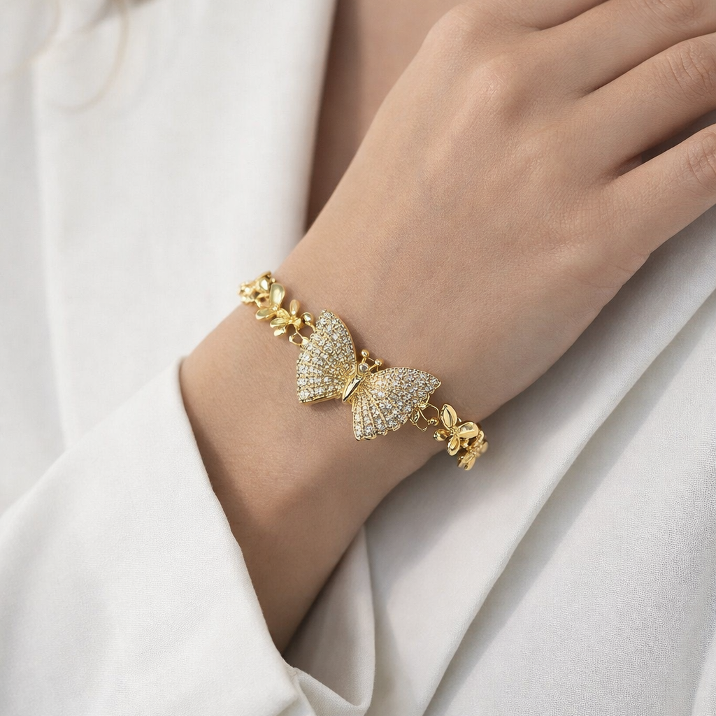 Gold Butterfly Link Bracelet with CZ Diamonds